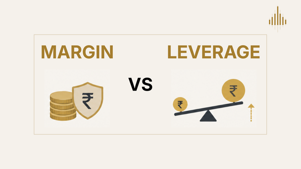 Margin vs leverage illustrated with rupee coins, a shield icon for margin and a seesaw for leverage.